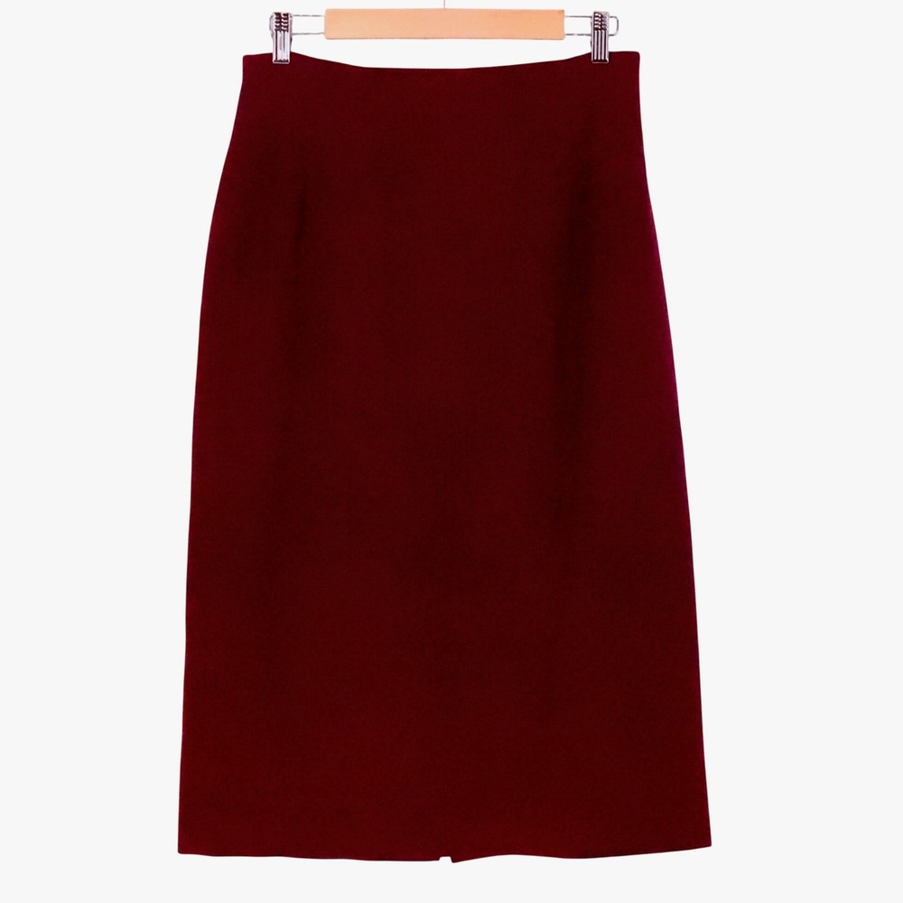 Vintage 90s Pure Wool Midi Pencil Skirt Womens Size 12 Burgundy Office Business